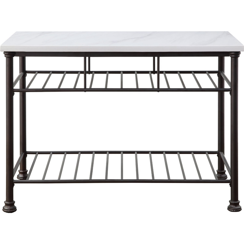 Pemberly Row Kitchen Island with Marble Top and 2 Metal Shelves in White
