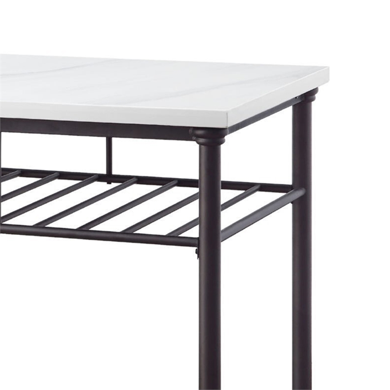 Pemberly Row Kitchen Island with Marble Top and 2 Metal Shelves in White