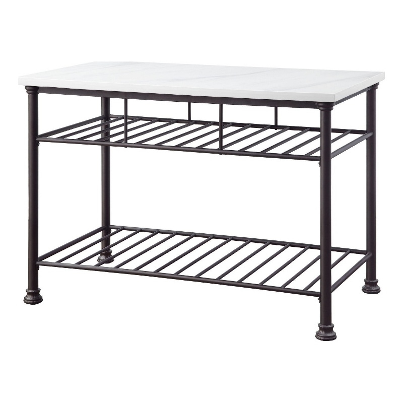 Pemberly Row Kitchen Island with Marble Top and 2 Metal Shelves in White