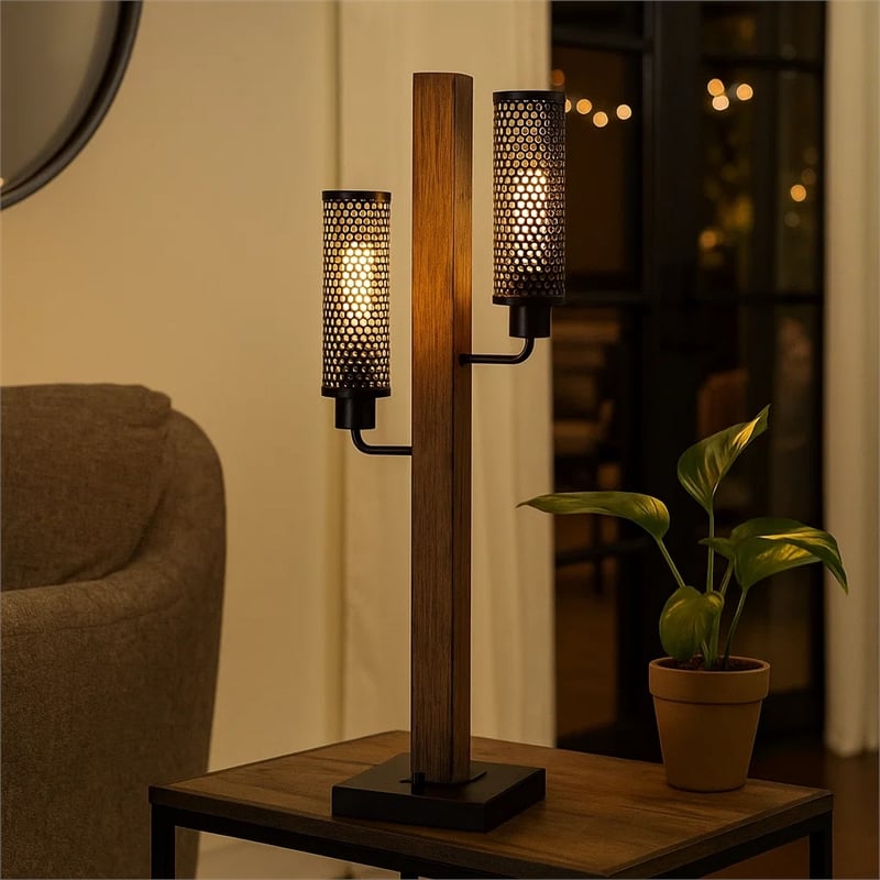 Pemberly Row Dual Light Table Lamp with 2 Mesh Shades in Brown and Black
