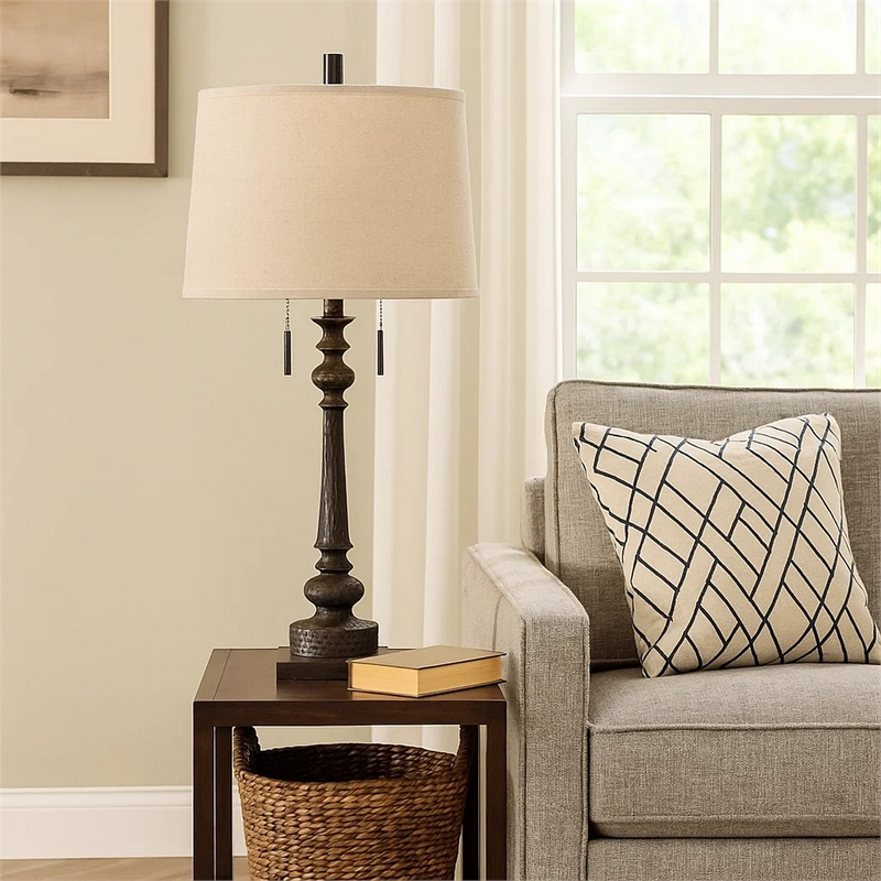 Pemberly Row 2-Bulb Table Lamp with Resin Support and Pull Chain in Bronze