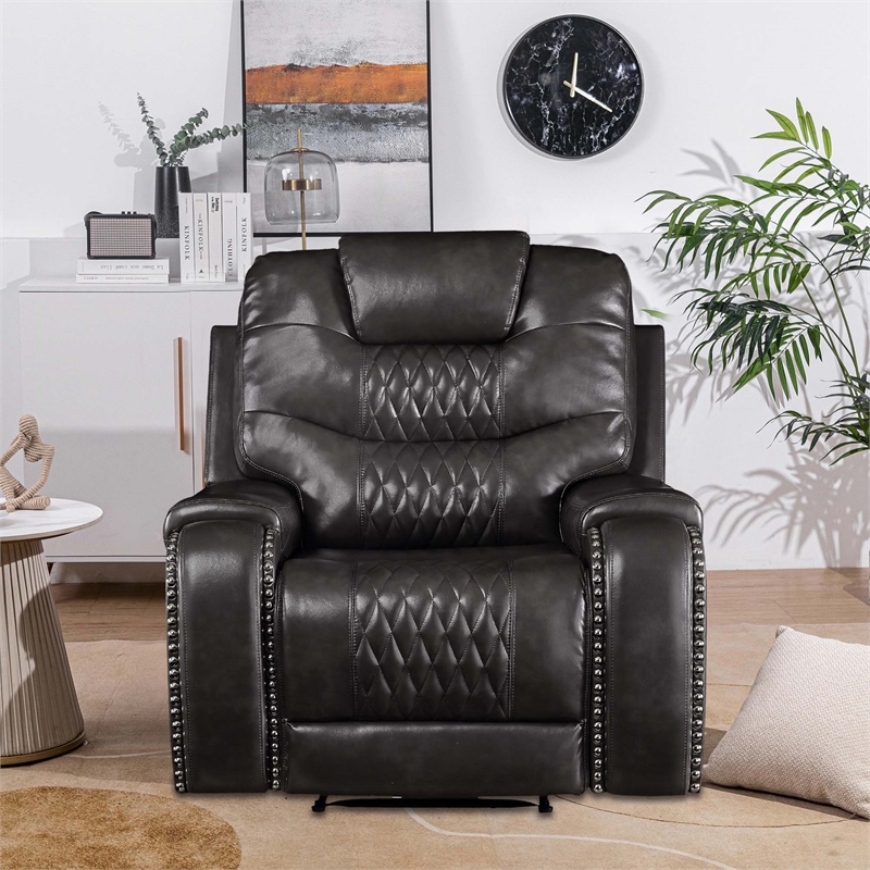 Pemberly Row Power Recliner with Stitching and Nailhead Trim in Black