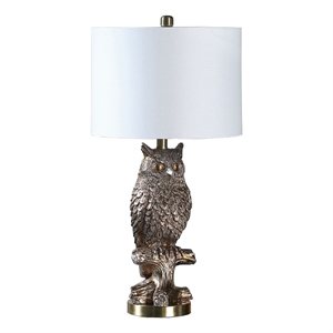 Pemberly Row 100W Sitting Owl Table Lamp with Fabric Drum Shade in Silver
