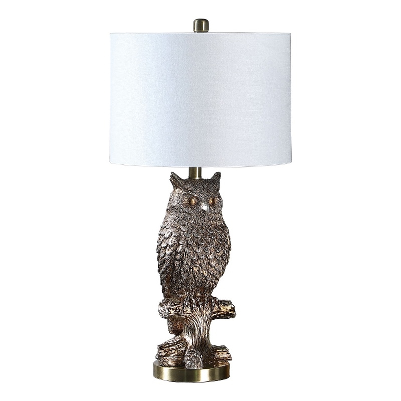 Pemberly Row 100W Sitting Owl Table Lamp with Fabric Drum Shade in Silver