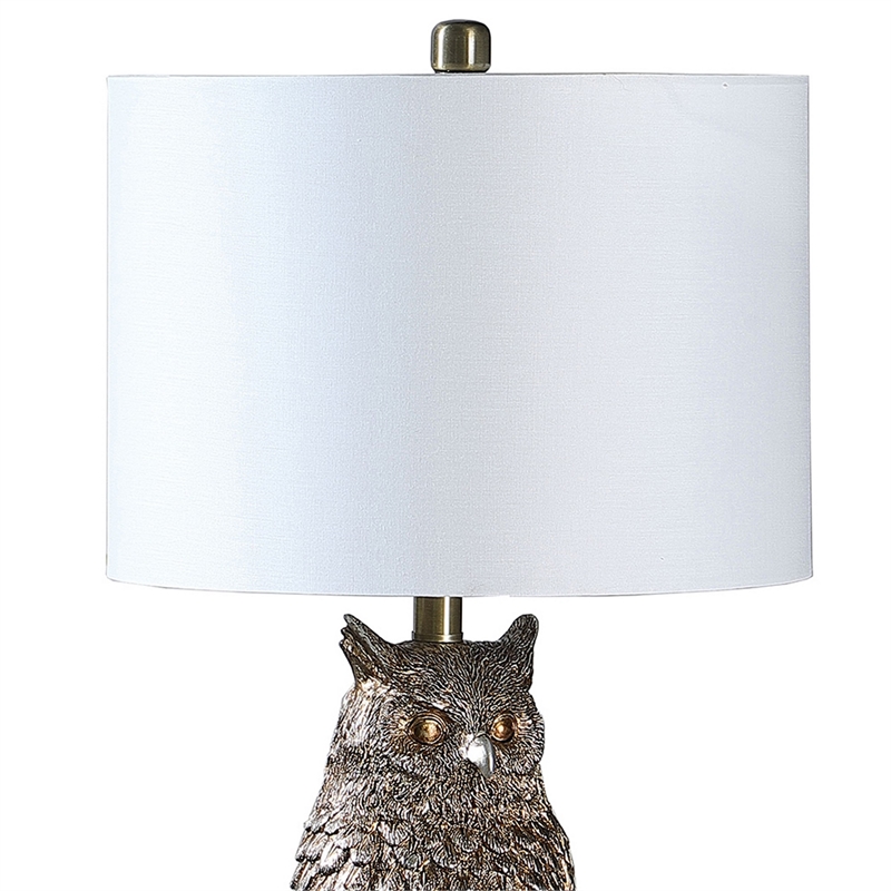 Pemberly Row 100W Sitting Owl Table Lamp with Fabric Drum Shade in Silver