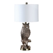 Pemberly Row 100W Sitting Owl Table Lamp with Fabric Drum Shade in Silver
