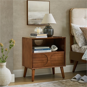 Pemberly Row Brown Wood Nightstand with USB Ports Drawer and Open Shelf