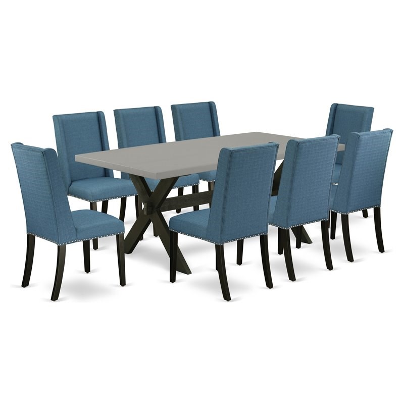 Pemberly Row X-Leg 9-Piece Wood Dining Set with Mineral Blue Linen Chairs