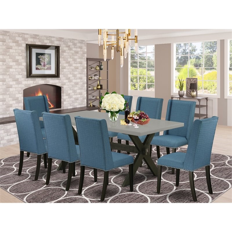 Pemberly Row X-Leg 9-Piece Wood Dining Set with Mineral Blue Linen Chairs