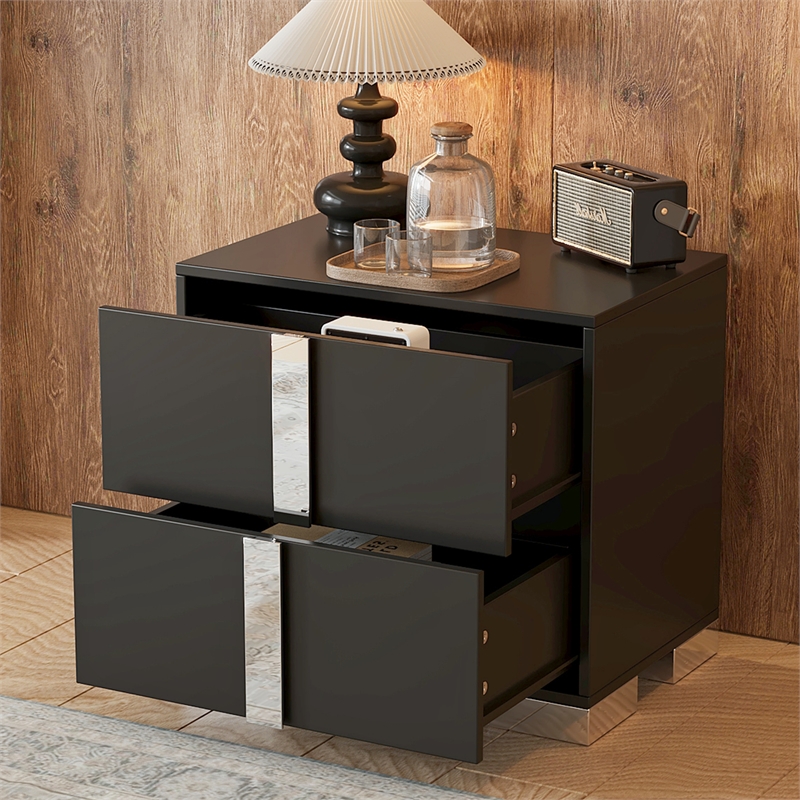 Pemberly Row Black 2-Drawer Nightstand with Metal Feet and Mirror Detail