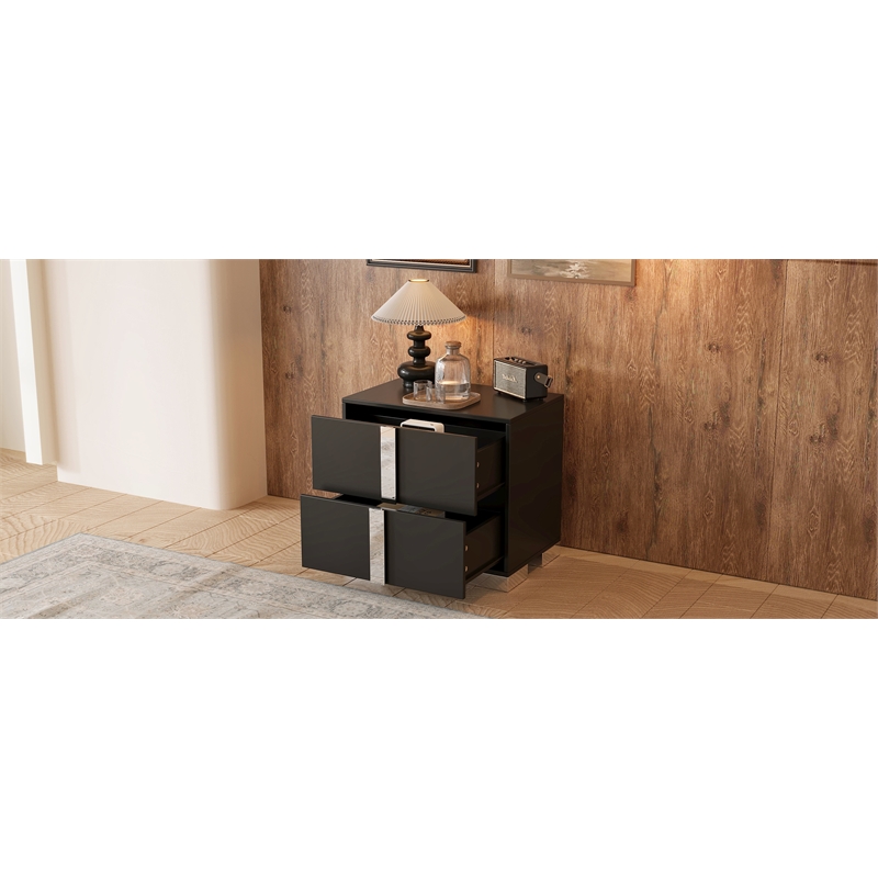 Pemberly Row Black 2-Drawer Nightstand with Metal Feet and Mirror Detail