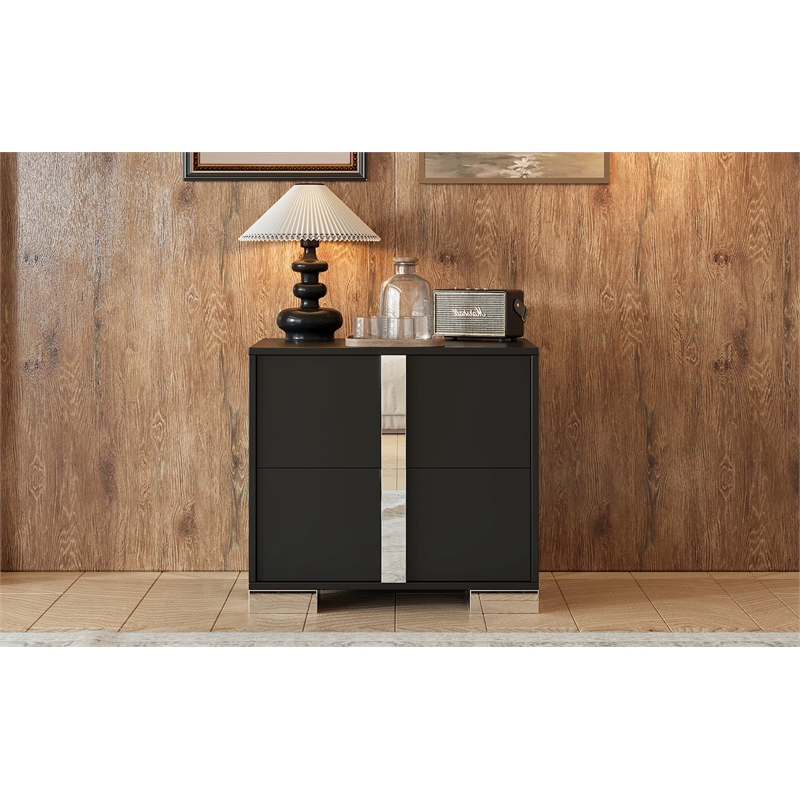 Pemberly Row Black 2-Drawer Nightstand with Metal Feet and Mirror Detail
