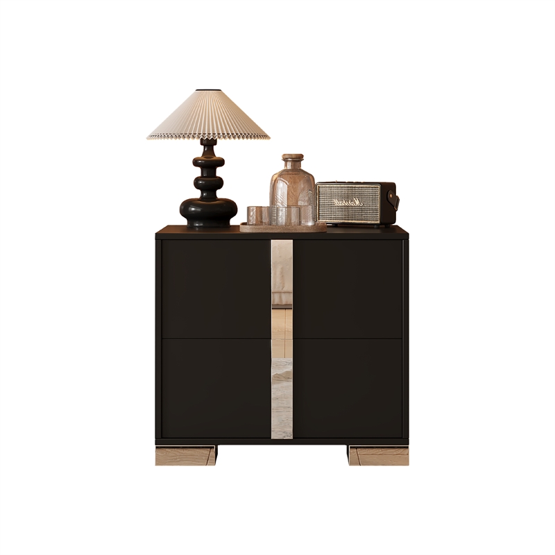 Pemberly Row Black 2-Drawer Nightstand with Metal Feet and Mirror Detail