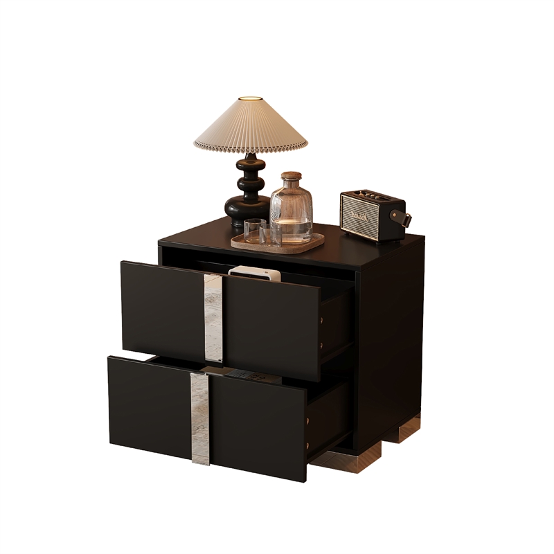 Pemberly Row Black 2-Drawer Nightstand with Metal Feet and Mirror Detail