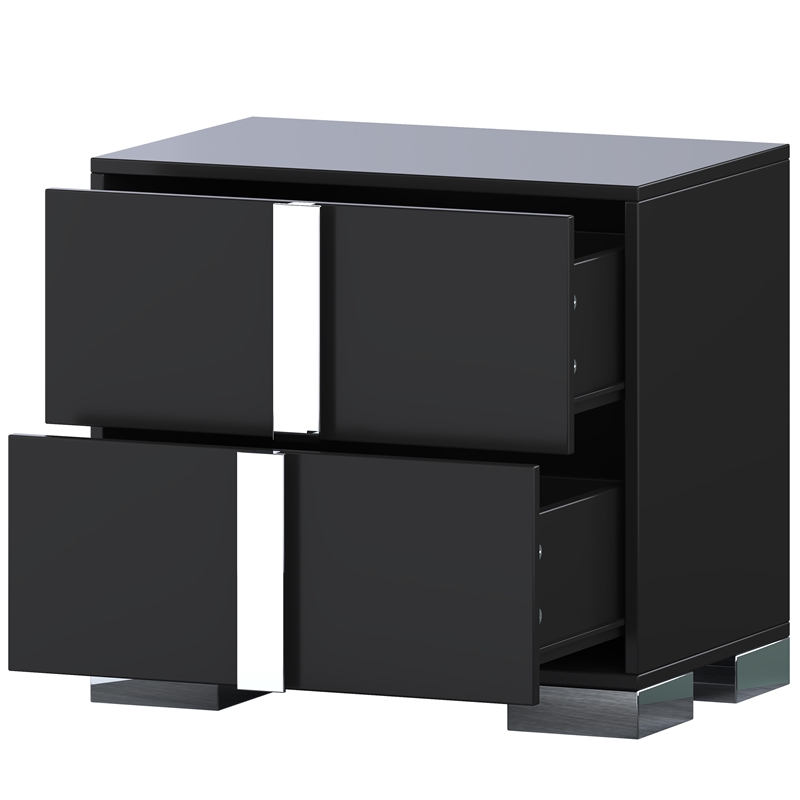 Pemberly Row Black 2-Drawer Nightstand with Metal Feet and Mirror Detail