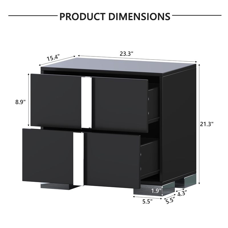 Pemberly Row Black 2-Drawer Nightstand with Metal Feet and Mirror Detail