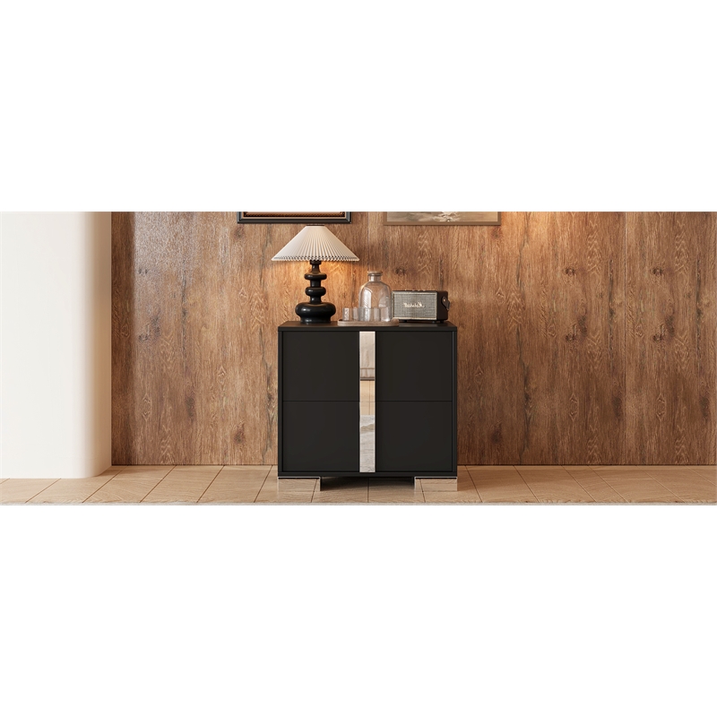 Pemberly Row Black 2-Drawer Nightstand with Metal Feet and Mirror Detail