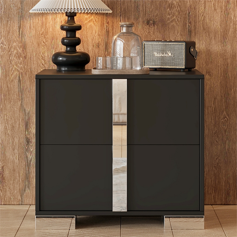 Pemberly Row Black 2-Drawer Nightstand with Metal Feet and Mirror Detail