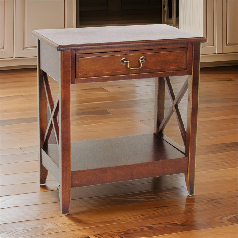 Pemberly Row Oakwood Nightstand with 1 Drawer and X Shape Sides in Brown
