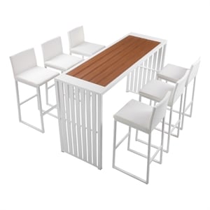 Pemberly Row 7 Piece Metal and Polyresin Outdoor Bar Set in Brown and White