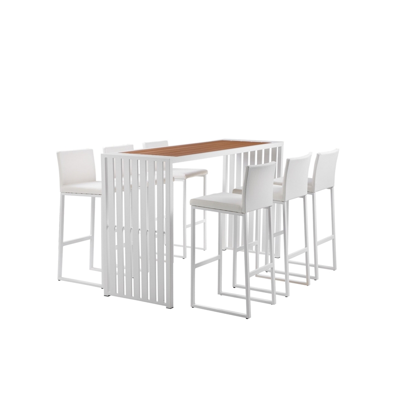 Pemberly Row 7 Piece Metal and Polyresin Outdoor Bar Set in Brown and White