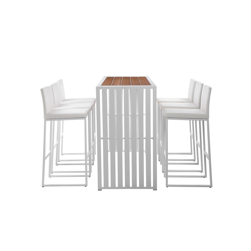 Pemberly Row 7 Piece Metal and Polyresin Outdoor Bar Set in Brown and White