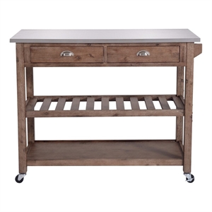 Pemberly Row 2 Drawer Kitchen Cart with Metal Top and Casters in Gray/Brown