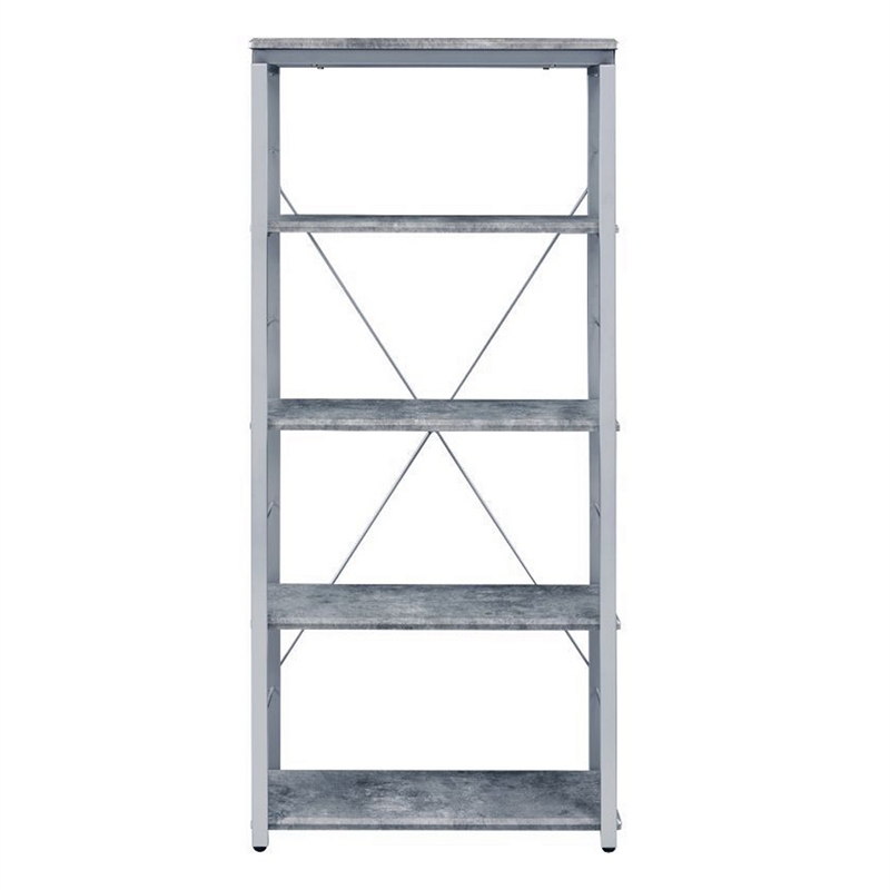 Pemberly Row Bookshelf with 4 Shelves and X Shape Frame in Silver and Gray