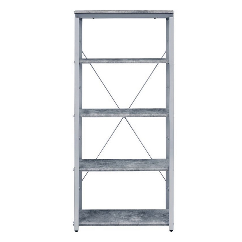 Pemberly Row Bookshelf with 4 Shelves and X Shape Frame in Silver and Gray