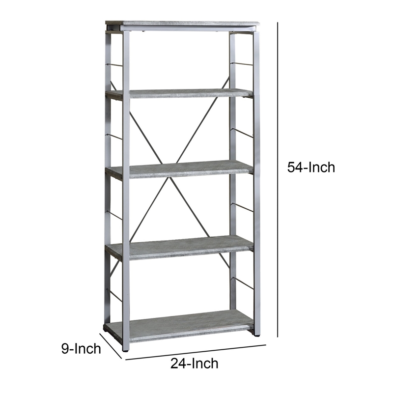 Pemberly Row Bookshelf with 4 Shelves and X Shape Frame in Silver and Gray