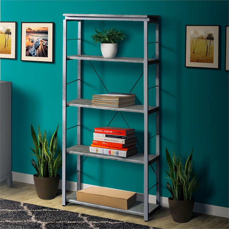 Pemberly Row Bookshelf with 4 Shelves and X Shape Frame in Silver and Gray