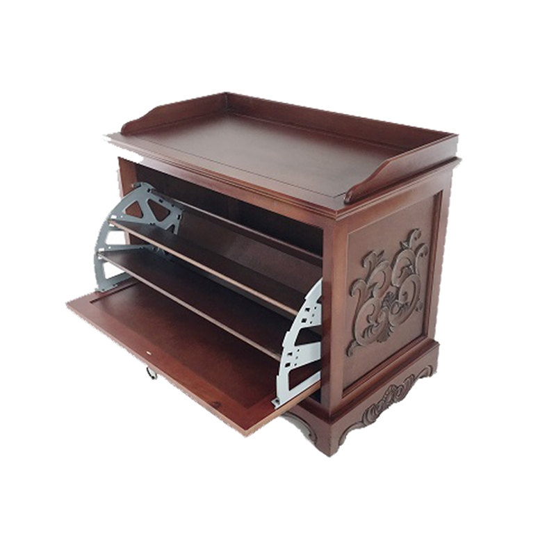 Pemberly Row Engraved Wooden Shoe Cabinet with Drop Down Opening in Brown