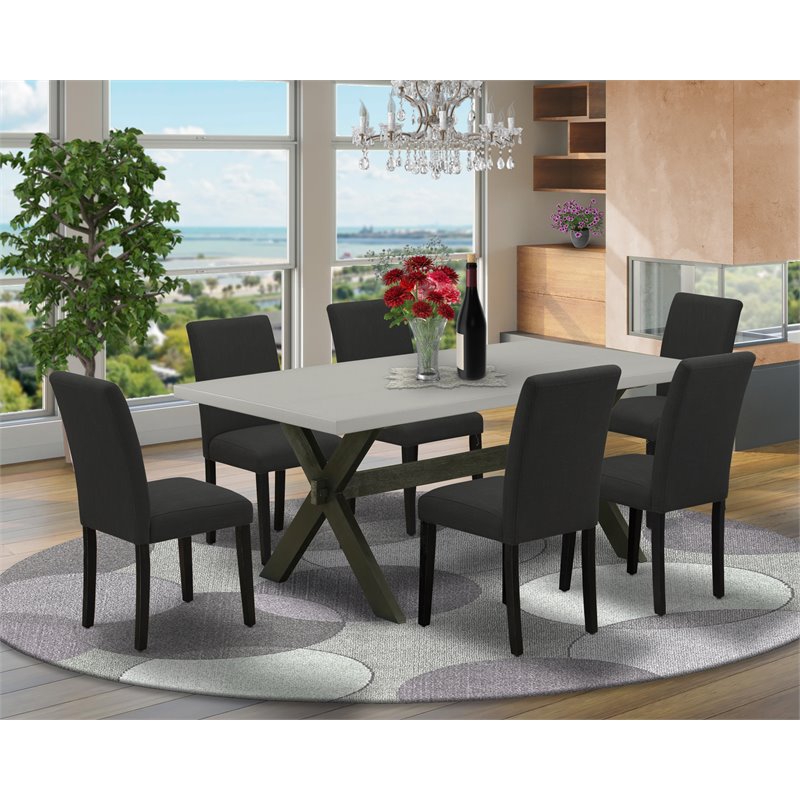 Pemberly Row 7-Piece Rectangular Wood Kitchen Table Set in Black/Cement