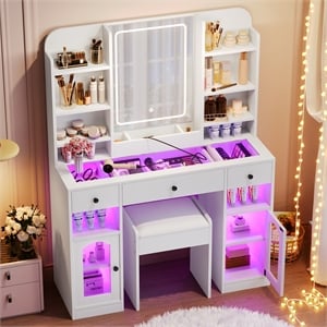 Pemberly Row 43.2&quot MDF Vanity Desk with LED Mirror RGB Cabinets in White
