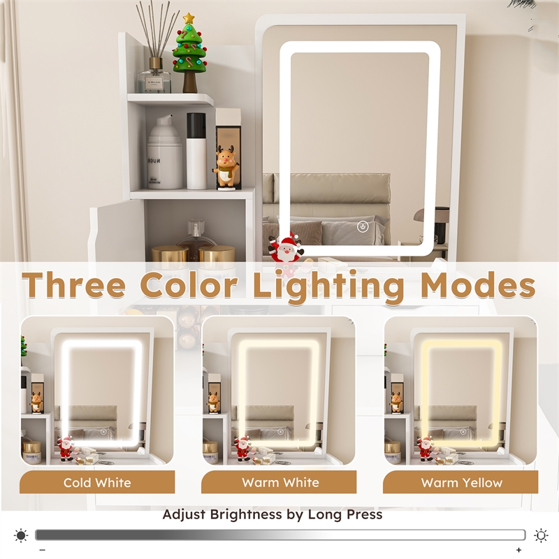 Pemberly Row White MDF LED Vanity Dressing Table with 7 Storage Cabinets