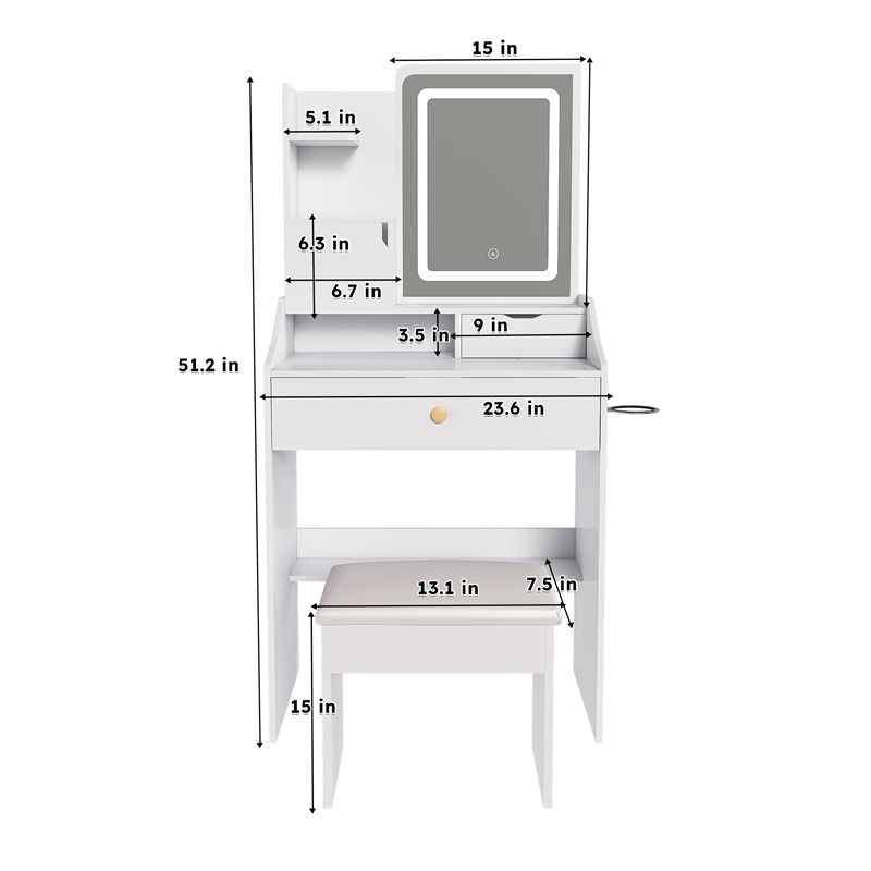Pemberly Row White MDF LED Vanity Dressing Table with 7 Storage Cabinets