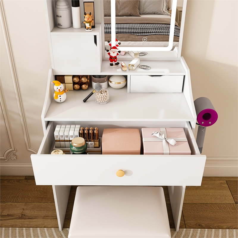 Pemberly Row White MDF LED Vanity Dressing Table with 7 Storage Cabinets