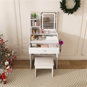 Pemberly Row White MDF LED Vanity Dressing Table with 7 Storage Cabinets