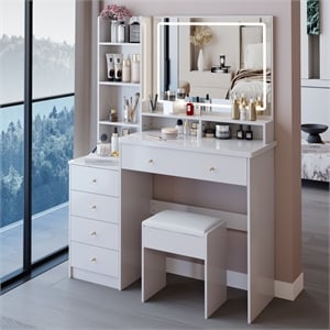 Pemberly Row 41&quot White MDF Vanity Table Set with LED Mirror and Stool