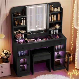 Pemberly Row 43.2&quot Vanity Desk with LED Mirror and RGB Cabinets in Black