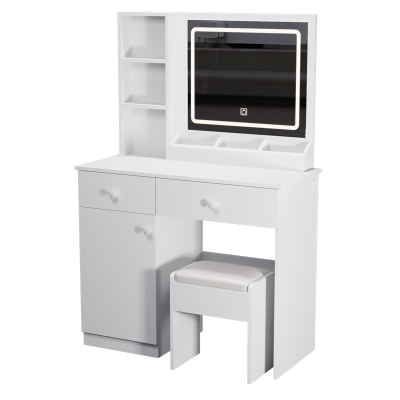 Pemberly Row White Wood Vanity Desk with Mirror Lights and 2 Large Drawers