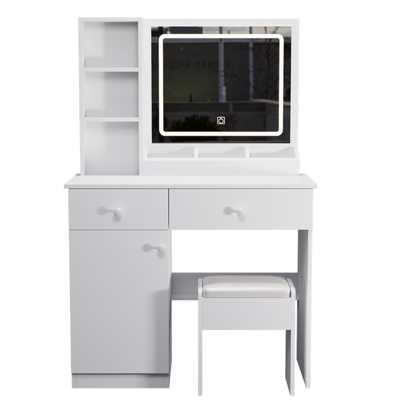 Pemberly Row White Wood Vanity Desk with Mirror Lights and 2 Large Drawers
