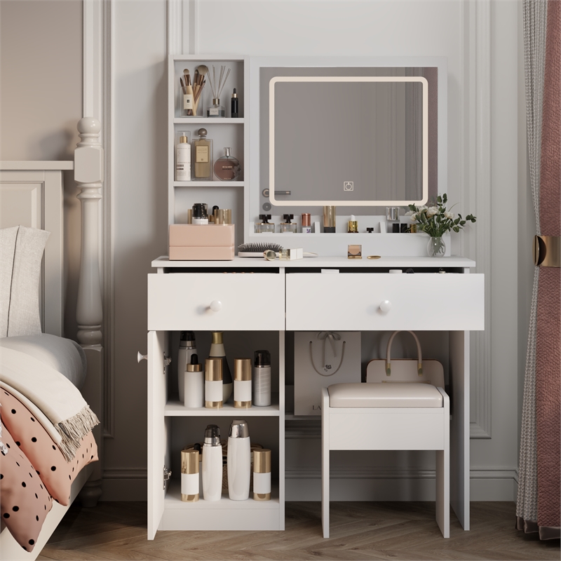 Pemberly Row White Wood Vanity Desk with Mirror Lights and 2 Large Drawers