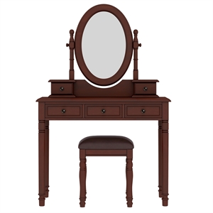 Pemberly Row Walnut Wood Vintage Vanity Desk Set with Mirror and 5 Drawers