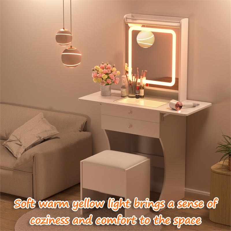 Pemberly Row White MDF Small Space Vanity Set with Foldable Side Tables