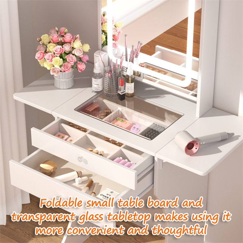 Pemberly Row White MDF Small Space Vanity Set with Foldable Side Tables