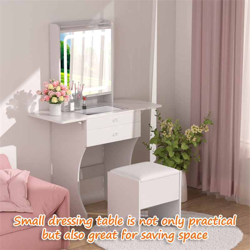 Pemberly Row White MDF Small Space Vanity Set with Foldable Side Tables