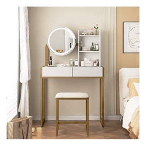 Pemberly Row White and Gold Metal Wood Vanity Desk with LED Mirror