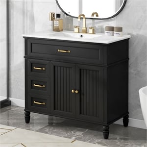 Pemberly Row 36&quot Black Solid Wood Bathroom Vanity with Sink and Drawers