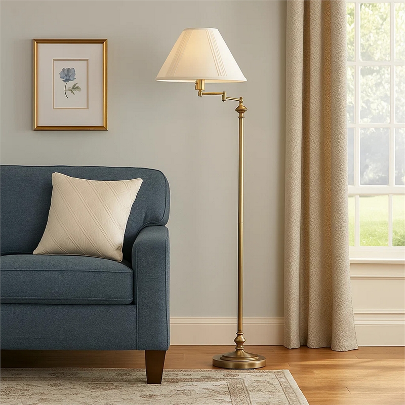 Pemberly Row 150 Watt Floor Lamp with Swing Arm and Fabric Shade in Gold